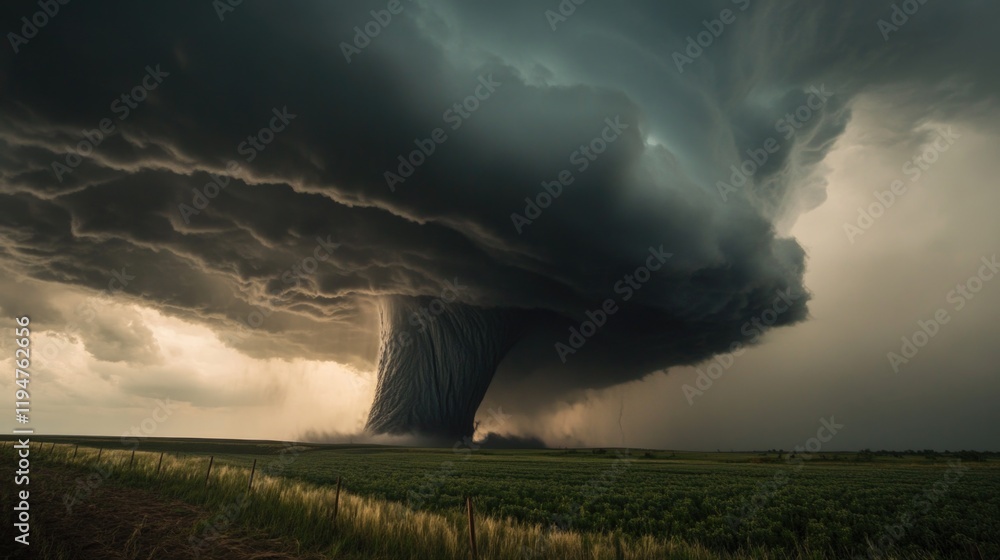Poster a tornado cloud forms over a field with no signs of life or human activity