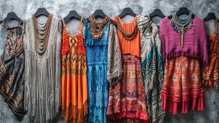 Fototapeta premium A collection of boho-chic festival clothing, including fringed tops, patterned skirts, and layered jewelry, arranged on a textured surface for copy space.