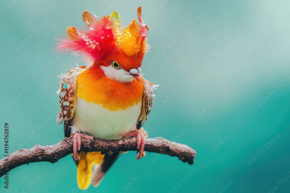 Poster a vibrant bird sits atop a tree branch, surrounded by greenery