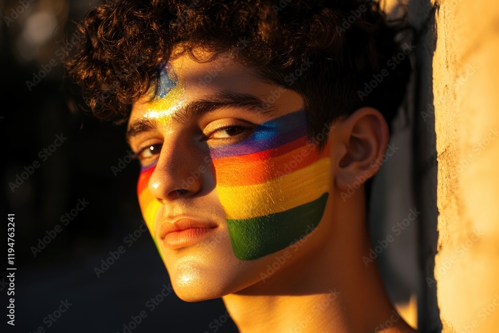 Poster a person with a colorful rainbow design on their face, great for representing creativity and diversi