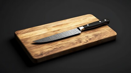 Wooden cutting board with a knife embedded deep natural kitchen lighting
