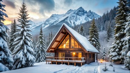 Secluded Winter Cabin Nestled Amongst Snow-Covered Pines in a Majestic Mountain Valley