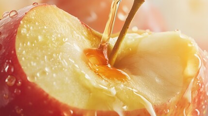 A detailed view of a bite being taken from a ripe apple, with juice running down from the fresh bite mark; the scene highlights the apple's crispness and vibrant, refreshing quality 