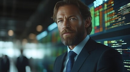 Fototapeta premium Confident businessman in suit, serious expression, stock market background.