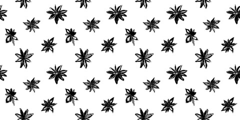 Anise seamless pattern. Hand drawn floral ornament. Vector illustrations for label of cosmetic, tea, coffee. Culinary spice, herbs, cooking wallpaper. Anise stars background. Flower drawing texture.