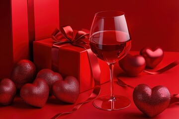 Valentine's Day background adorned with red gift boxes, wine glasses, and heart-shaped decorations. This romantic setting  perfect for conveying love and celebration in design projects