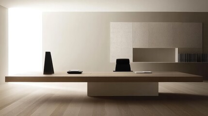 Elegant modern office featuring a long wooden desk, contemporary chair, and large decorative wall. Soft, natural lighting creates a welcoming environment.