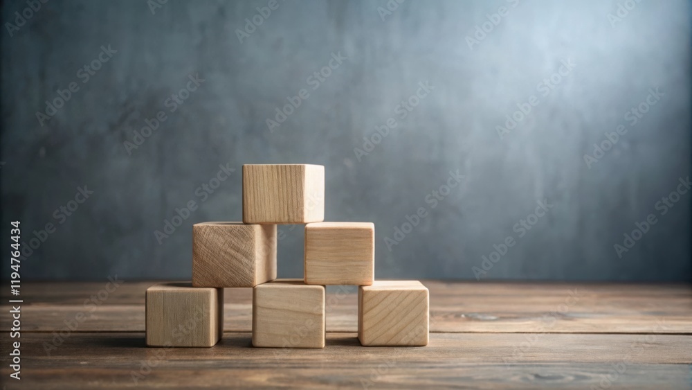 Poster wooden blocks arranged in a pyramid shape on a wooden surface against a gray background
