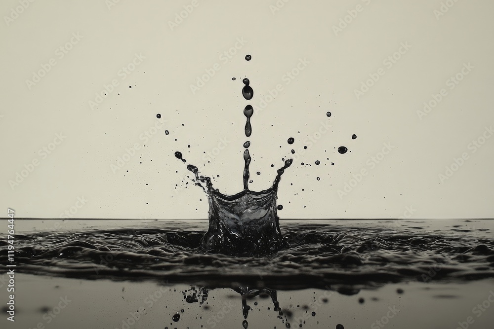Poster a dynamic image capturing a black liquid splash in mid-air against a minimalist white background, hi