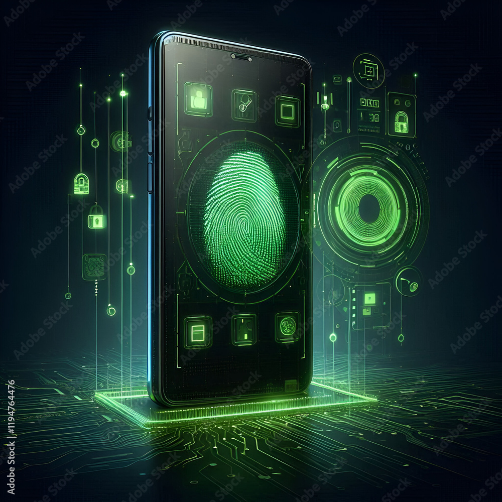 Poster 3d rendering fingerprint and mobile phone