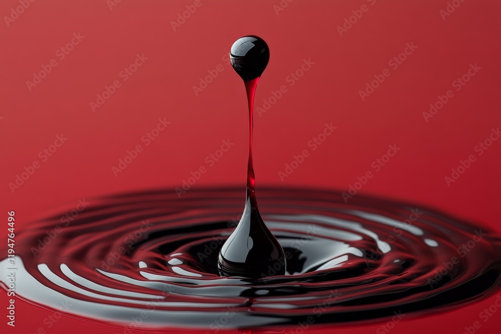 Poster a visually striking contrast between red and black in this image captures a droplet mid-impact, crea