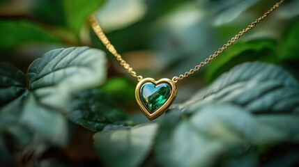 Fototapeta premium A gold and emerald heart necklace placed on a forest green background with leaf accents