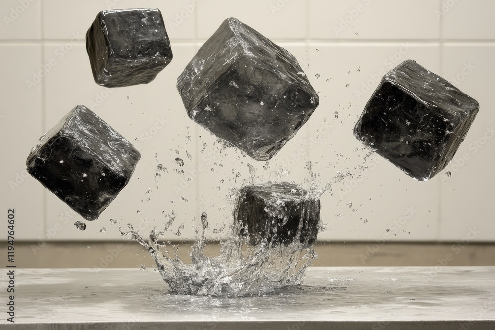Leinwandbilder Dark ice cubes seemingly descend into water amidst a powerful splash, creating a dynamic and dramatic visual effect captured against a minimalistic tiled backdrop.