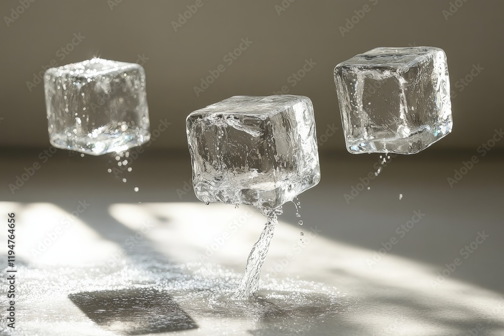 Poster three ice cubes hover gracefully over a smooth surface, with water splashing delicately around them,