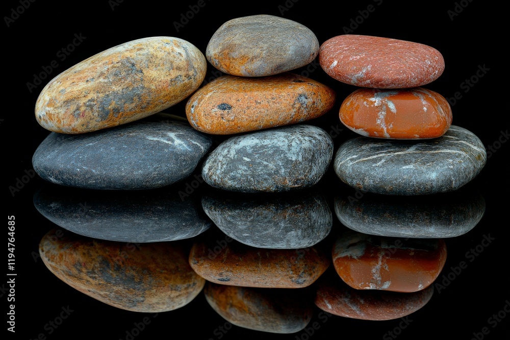 Poster a vibrant image showcasing an arrangement of varied colorful stones on a glossy surface, highlightin