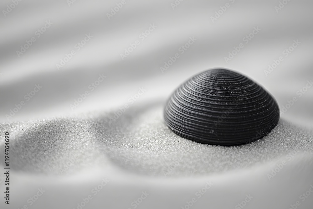 Poster a round black shell placed on fine white sand with visible grain texture, showcasing simple elegance