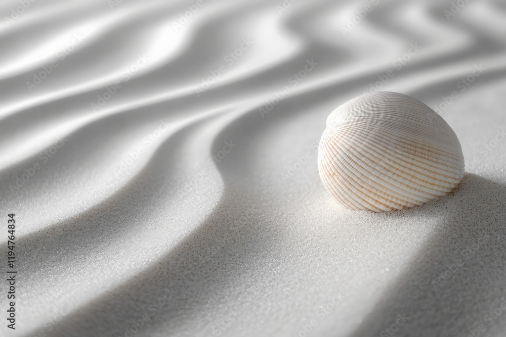 Poster a lone white shell poised on sandy surface, elegantly illuminated with shadows, represents simplicit