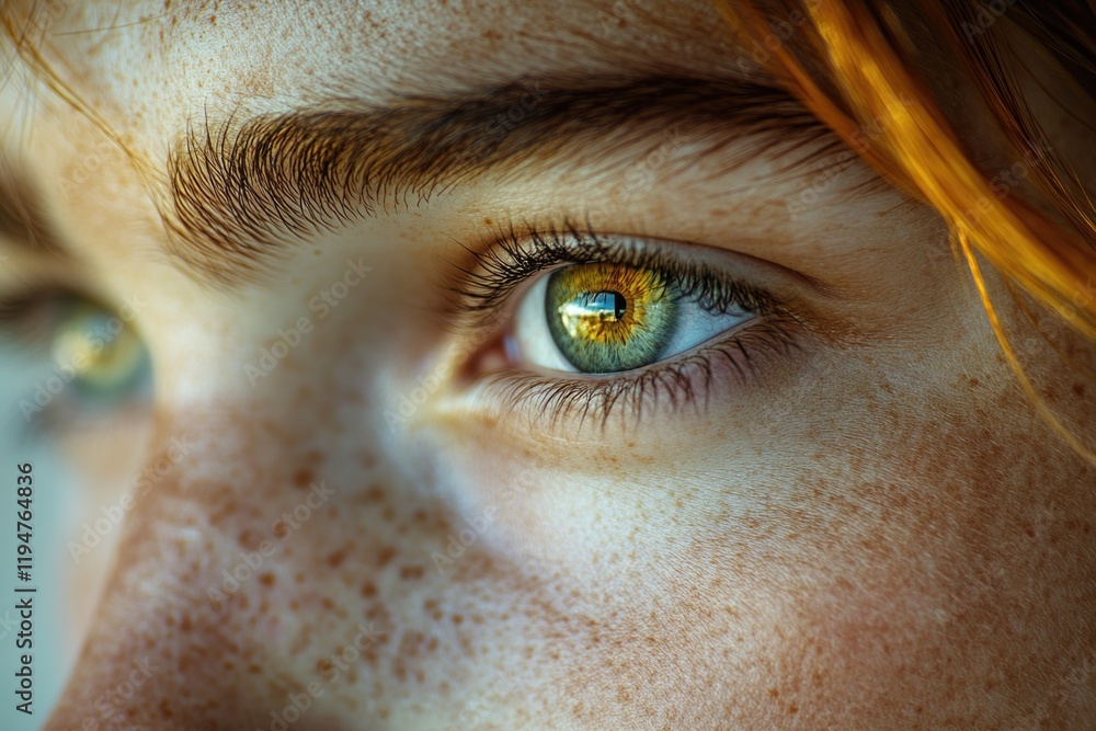 Poster close-up shot of a person's eye featuring freckles, suitable for use in editorial or commercial cont