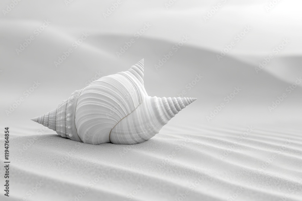 Poster A close-up image of a beautifully intricate white spiral shell resting on a softly textured sandy surface with smooth, gentle waves in a subtle, serene environment.