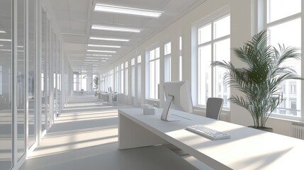 Obraz premium Elegant workspace design featuring a long desk, a keyboard, and a potted plant in a bright, modern office.