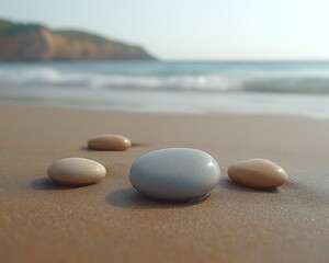 Smooth stones on sandy beach near ocean.