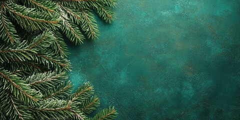 Festive Christmas background showcasing green fir tree branches on the left side with textured dark teal area for text placement on the right