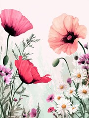 Whimsical poppy and daisy meadow scene beautiful nature floral art vibrant colors serene environment artistic viewpoint