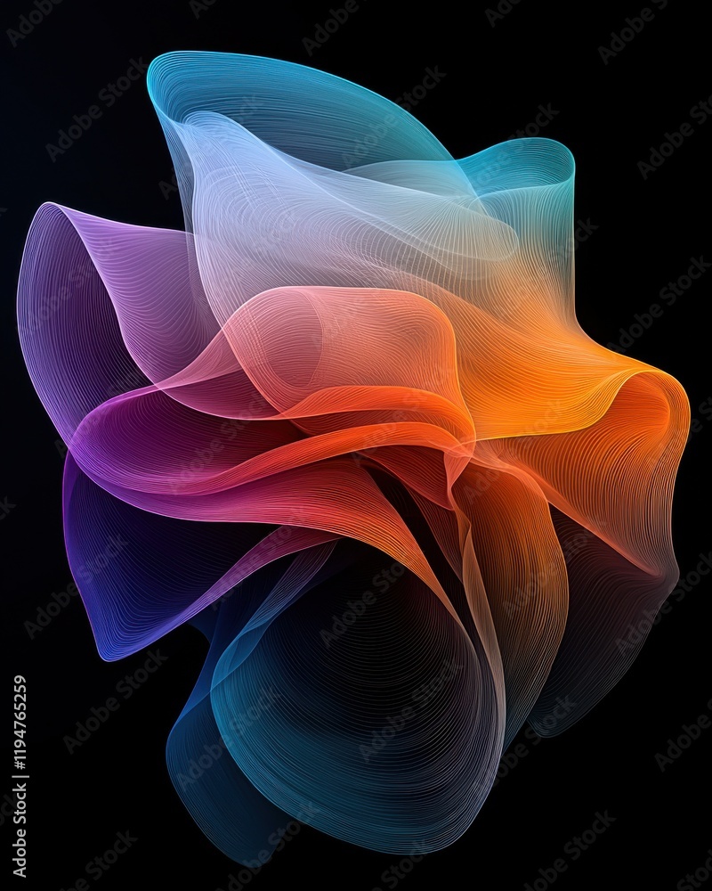 Poster dynamic translucent arc swirl art abstract design digital artwork studio setting close-up perspectiv