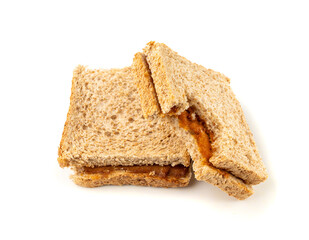 Bitten dried pate sandwich isolated, low-quality food leftovers, bad quality toast bread lunch
