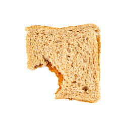 Bitten dried pate sandwich isolated, low-quality food leftovers, bad quality toast bread lunch
