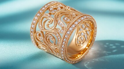 Naklejka premium A gold eternity band with intricate diamond details on a light sky-blue background with soft focus