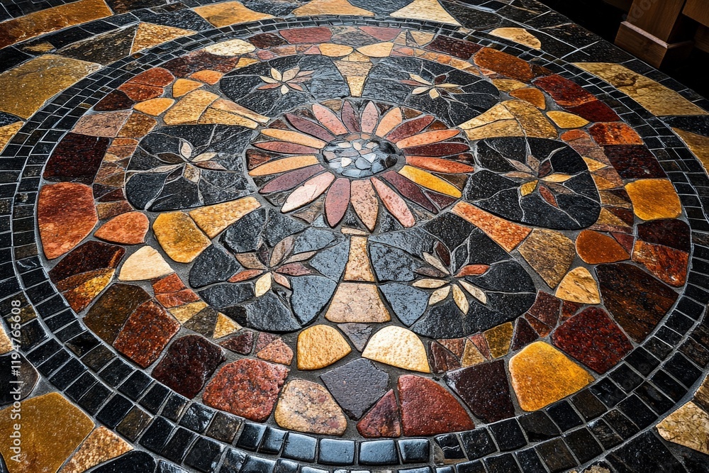 Aufkleber An intricate and colorful circular mosaic adorned with floral stone patterns, expertly blending artistic craftsmanship and dynamic creativity into its structure.