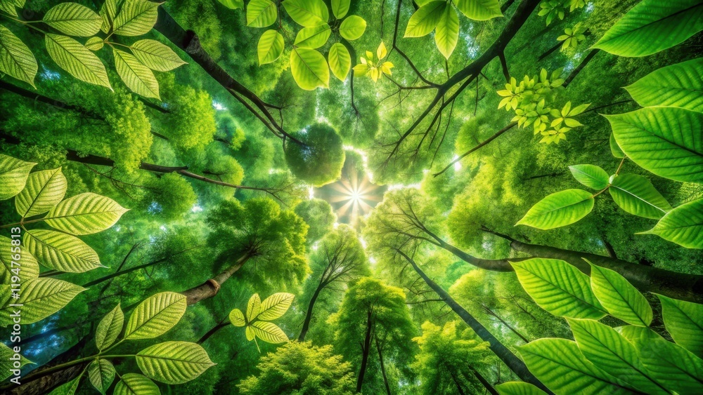 Poster sunlit canopy a vibrant view of lush green foliage and trees from below