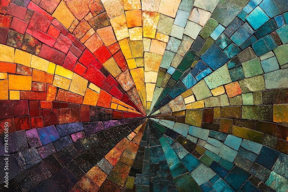 Poster A vivid, rainbow-colored mosaic artwork with distinct sections of tiles merging into a dramatic central focal point. This art piece emphasizes unity and convergence.