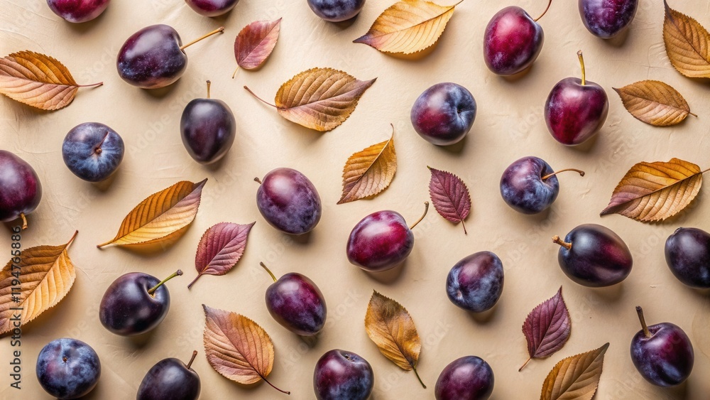 Poster Autumnal Plums and Fallen Leaves Arranged in a Symmetrical Pattern on a Neutral Background