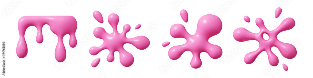 Poster glossy 3d vector pink fluid elements of different abstract shapes - dripping effect, splashing blob,