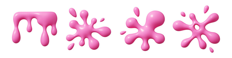 Glossy 3D vector pink fluid elements of different abstract shapes - dripping effect, splashing blob, rounded liquid form, scattered droplet pattern. Dynamic amorphous elements. Glossy slime splat.