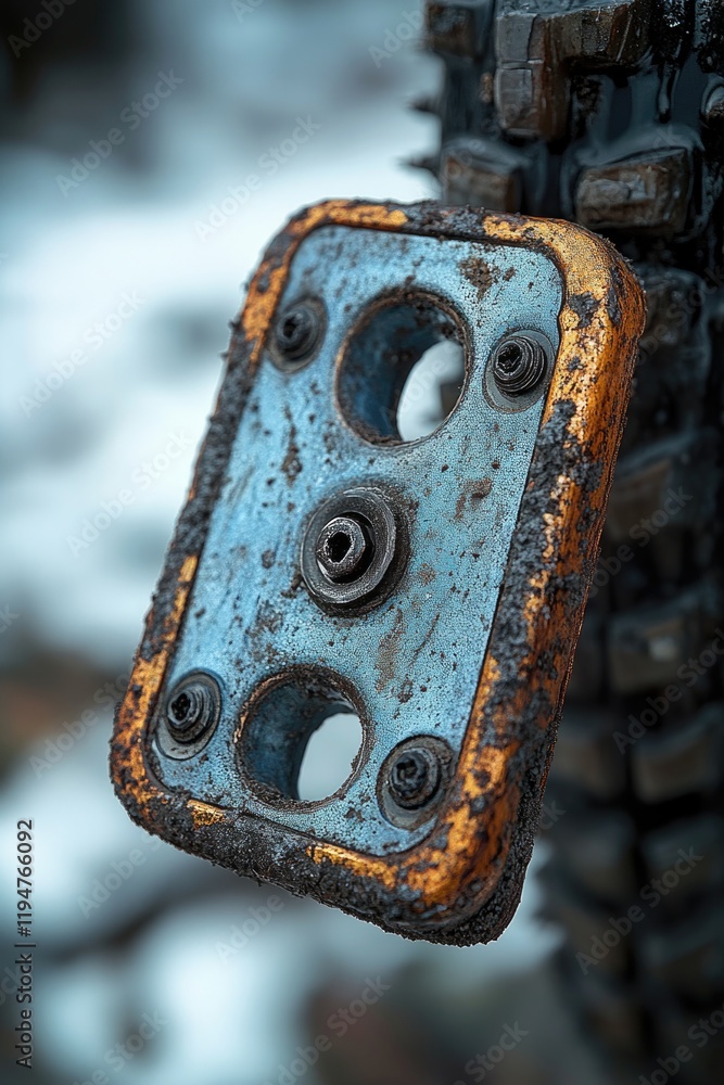 Poster a rusty metal object hangs from the branch of a tree, surrounded by foliage and natural elements