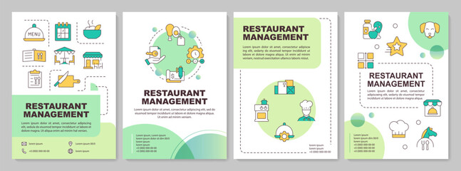Restaurant management green circle brochure template. Catering service and kitchen. Leaflet design with linear icons. Editable 4 vector layouts. Arial-Bold, Myriad Pro-Regular fonts used