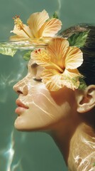 Naklejka premium Tropical goddess with hibiscus flowers underwater stunning portrait ethereal environment close-up view serenity concept