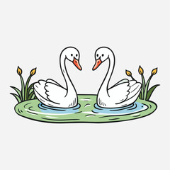 Obraz premium Couple of white swans and brood of cygnets floating together in pond or lake among plants. Vector illustration in cartoon style