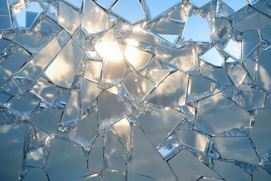 In this image, fractured glass pieces capture sunlight creating a stunning visual effect. The intricate patterns and transparency evoke emotions and abstract beauty.