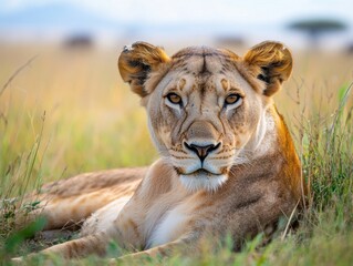 Obraz premium Close-up of a Majestic Lioness in African Grassland