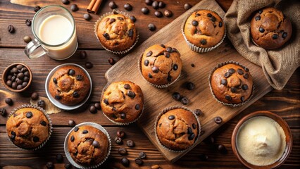 Obraz premium Coffee-flavored muffins with chocolate chips on a wooden board