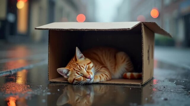 Ginger cat sleeping in a cardboard box on the street during the rain. Homeless pets concept.