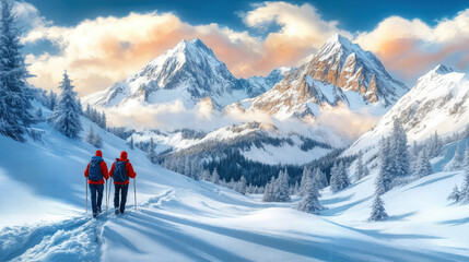 Couple Hiking in Scenic Snowy Mountain Range with Stunning Winter Landscape