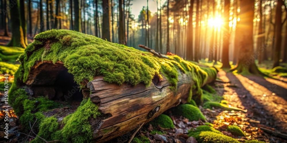 Poster golden sunlight illuminates a moss-covered log in a tranquil forest setting