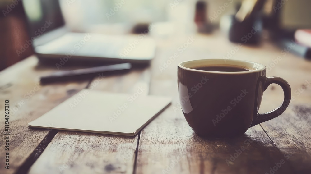 Poster high-angle view of an elegant desk setup with a blank computer monitor, a coffee cup, and a small no