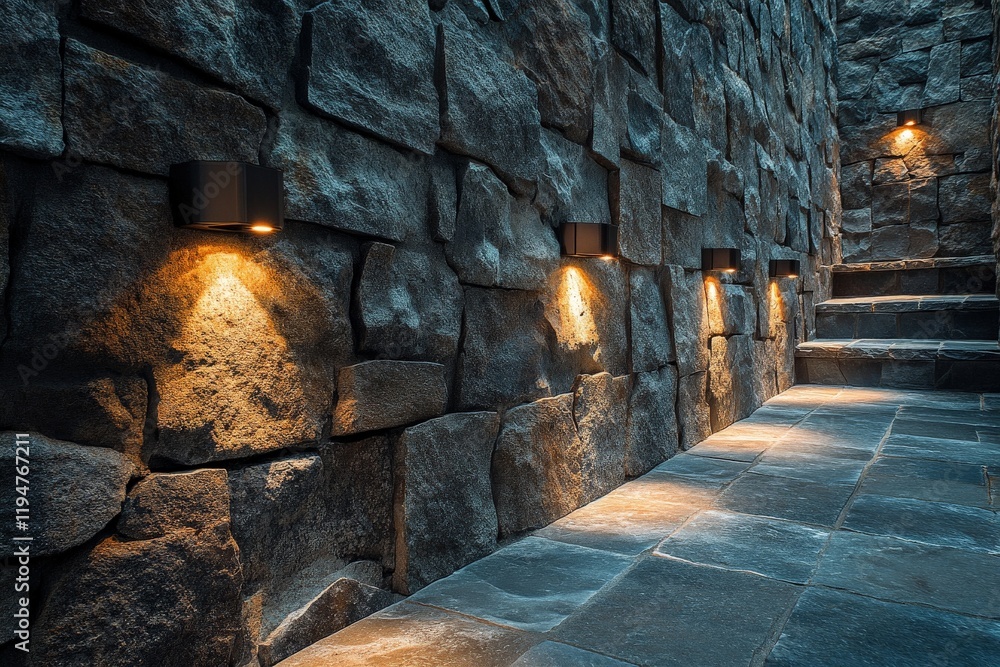 Aufkleber A stone wall illuminated by ambient lighting, creating a cozy and inviting atmosphere with its rugged texture and warm, welcoming glow on the pathway.