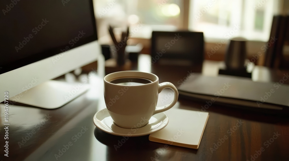 Poster high-angle view of an elegant desk setup with a blank computer monitor, a coffee cup, and a small no